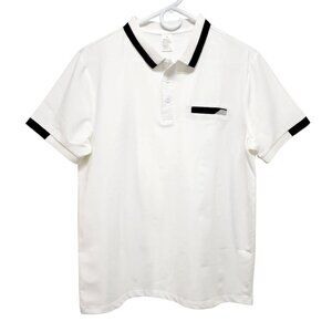 Mens White Polo Shirt With Black Trim Short Sleeve Button Collar Chest  Size S